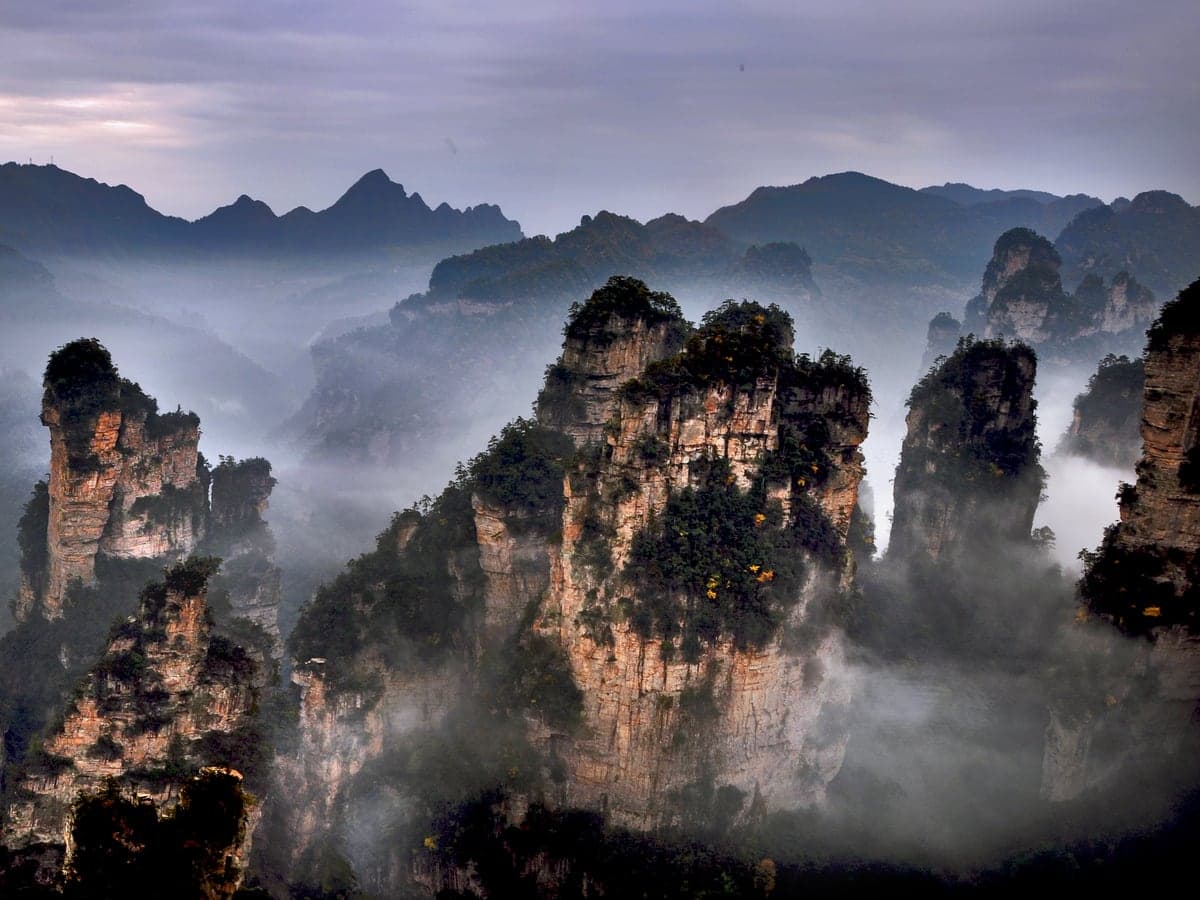 Quartz-sandstone pillar peaks rising through mist in Zhangjiajie, China.