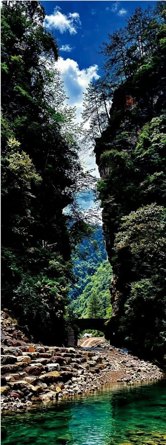Clear water and steep forested gorge walls in Baihutang Wild Fun Valley