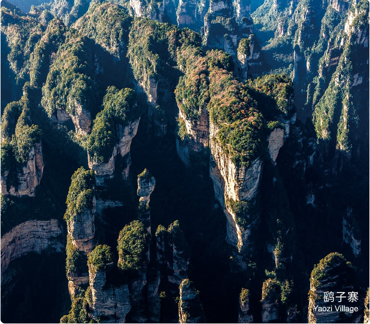 Secluded sandstone cliffs and forest around Yaozi Village