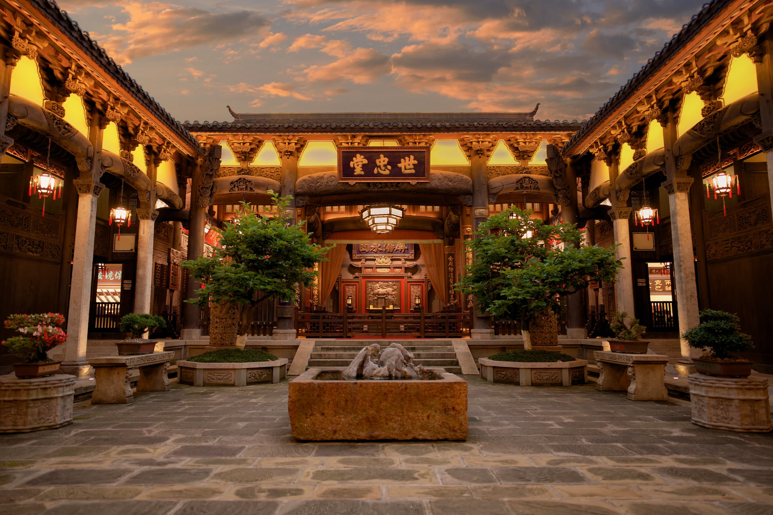 Inner courtyard at Xiangxifu framed by carved timber buildings