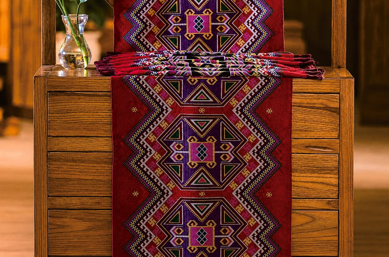 Colourful Tujia brocade woven with geometric motifs in the official Tour Guide Manual.